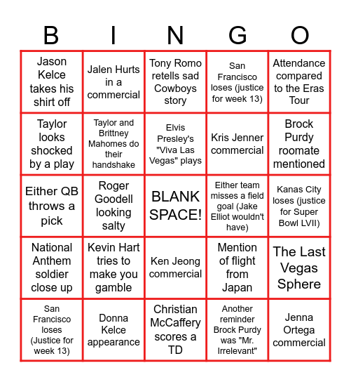 Super Bowl LVIII Bingo Card