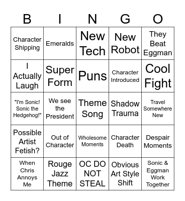 SONIC X DRINKING GAME Bingo Card