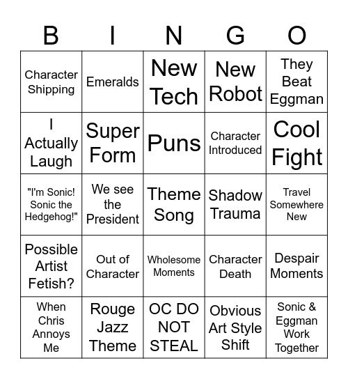 SONIC X DRINKING GAME Bingo Card