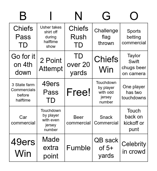 2024 Super Bowl Bingo Card