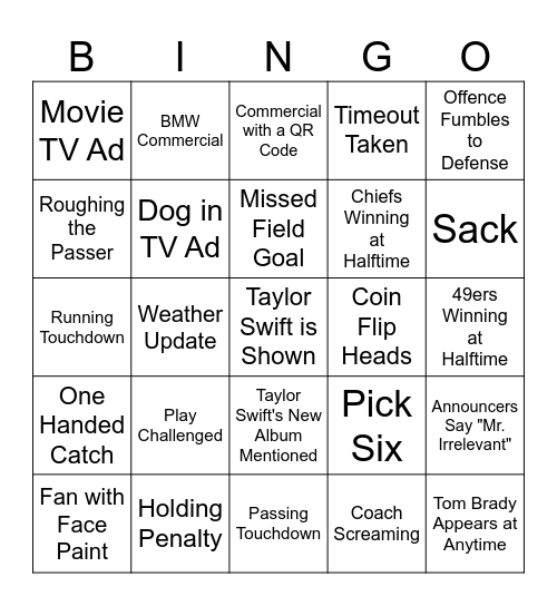 Super Bowl Bing 2024 Bingo Card