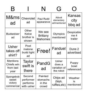 Super Bowl 2024 Bingo Card