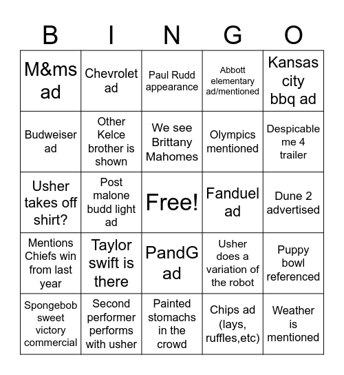 Super Bowl 2024 Bingo Card