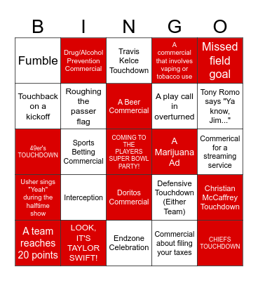 Players Superbowl Bingo Card