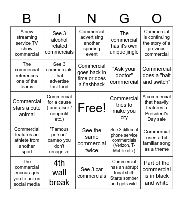 Super Bowl Commercial Bingo Card