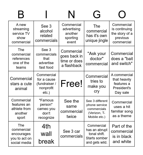 Super Bowl Commercial Bingo Card