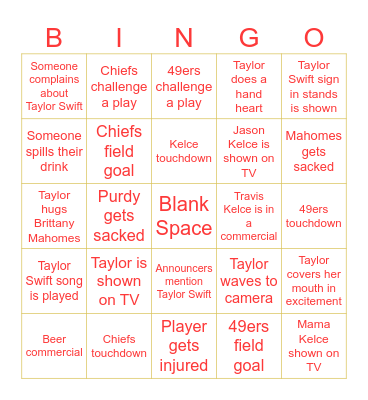 Taylor Swift Super Bowl Bingo Card