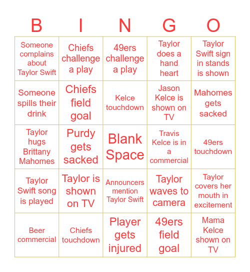 Taylor Swift Super Bowl Bingo Card