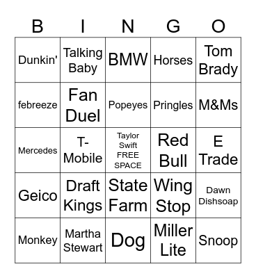 Superbowl Commercial Bingo Card