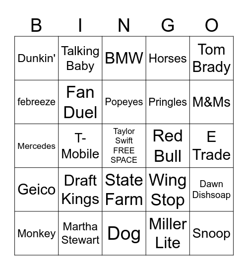 Superbowl Commercial Bingo Card