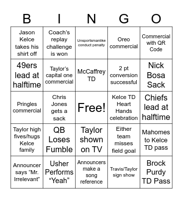 Swifty Super Bowl Bingo Card
