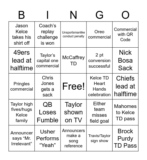 Swifty Super Bowl Bingo Card