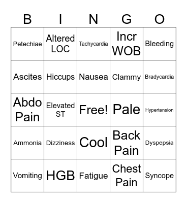 Signs & Symptoms Bingo Card