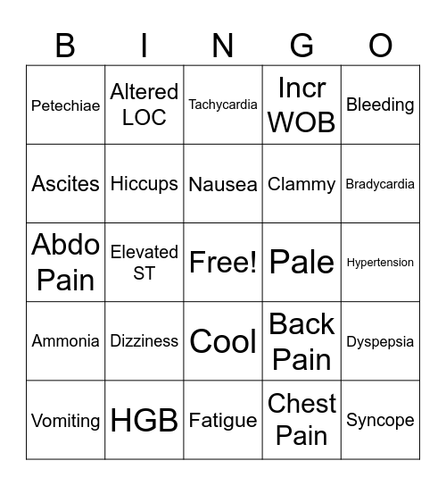 Signs & Symptoms Bingo Card