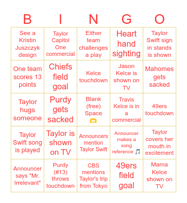 Super 🏈(Tay's Version) Bingo Card