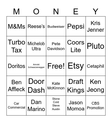 Super Bowl Commercial Bingo Card