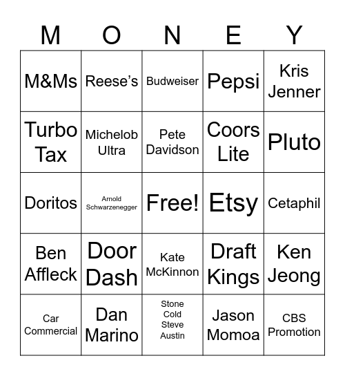 Super Bowl Commercial Bingo Card