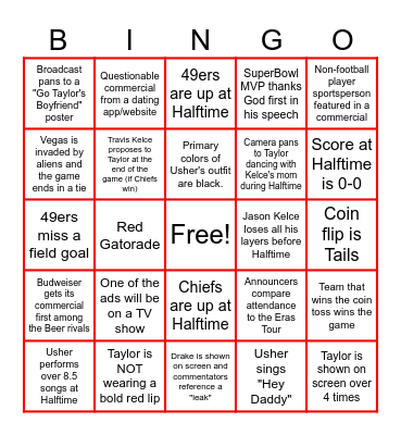 SUPERBOWL LVIII BINGO Card