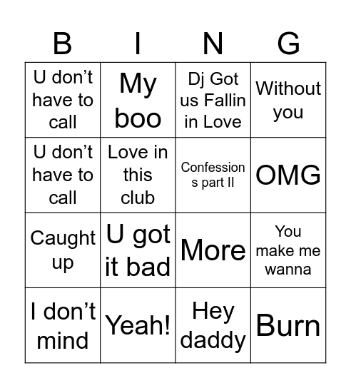Usher Halftime Show Bingo Card