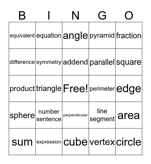 Math Vocabulary Bingo Card