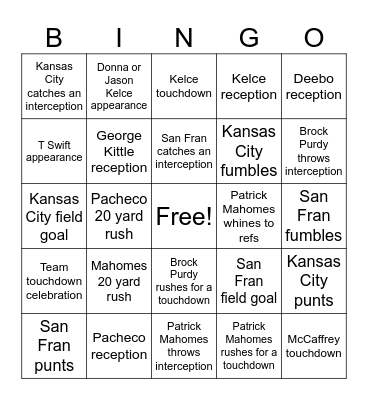 Super Bowl Bingo Card