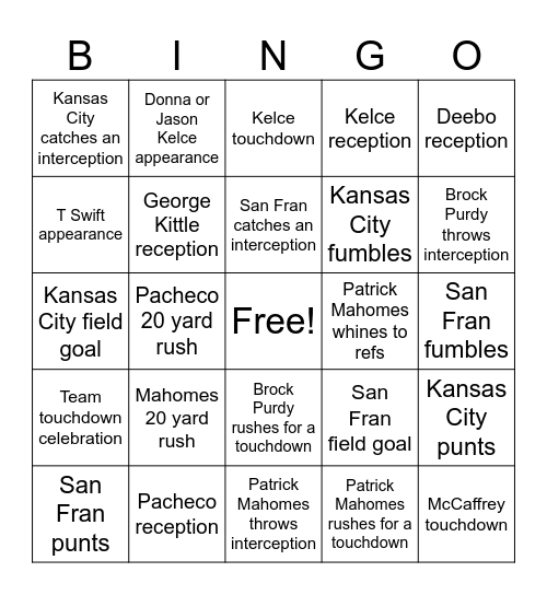 Super Bowl Bingo Card