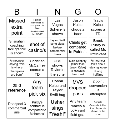 Super Bowl Bingo Card