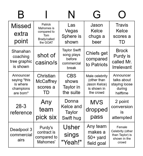 Super Bowl Bingo Card