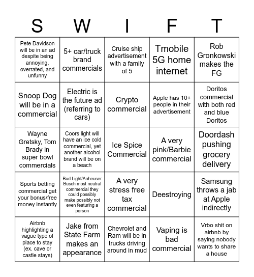 Super Bowl Commercial Bingo Card