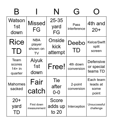 Super Bowl Bingo Card