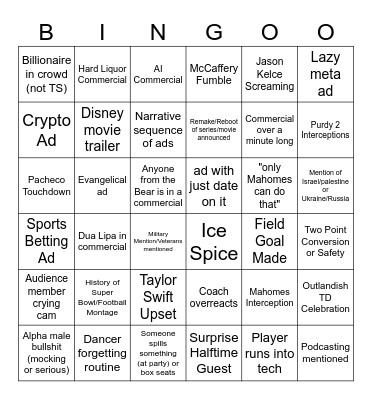 Super Bowl Bingo Card