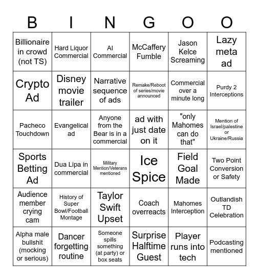 Super Bowl Bingo Card