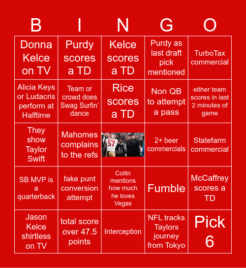 SuperBowl 2024 KC vs. SF Bingo Card