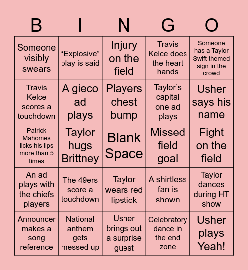 SWIFTIE BOWL Bingo Card