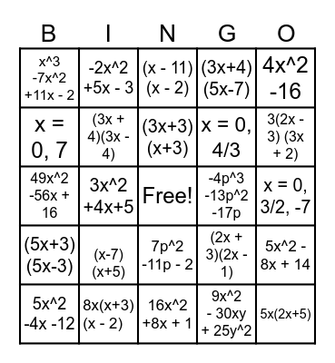 Algebra Ch. 7 Lesson 1-6 Exam Review Bingo Card