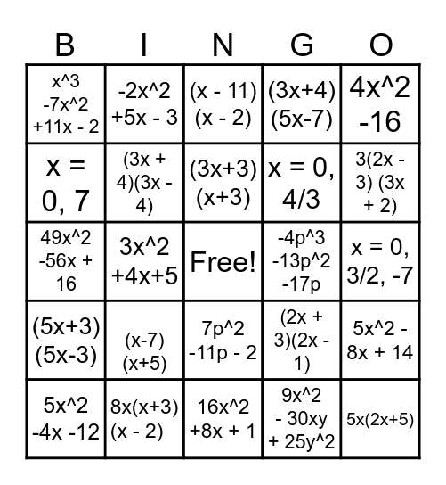 Algebra Ch. 7 Lesson 1-6 Exam Review Bingo Card