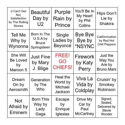 Super Bowl Music Bingo! Bingo Card