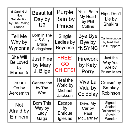 Super Bowl Music Bingo! Bingo Card