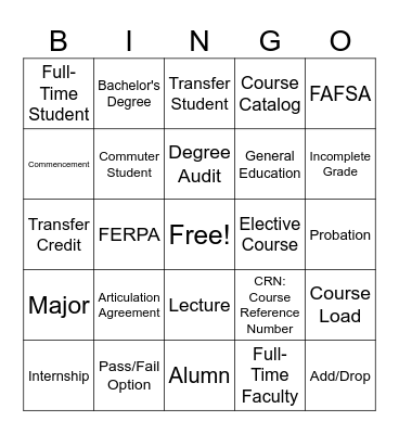 College Terminology BINGO Card
