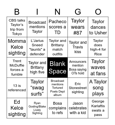 Swiftie Super Bowl Bingo Card