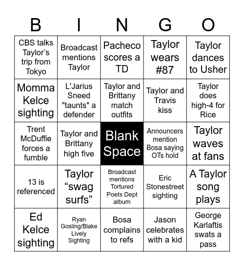 Swiftie Super Bowl Bingo Card