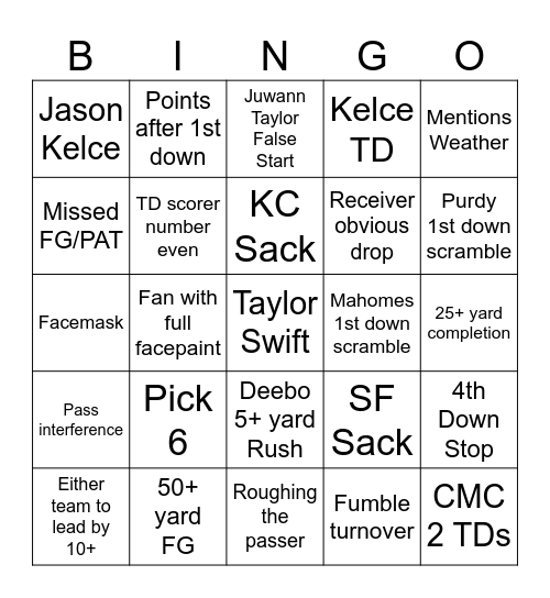 Superbowl Bingo Card