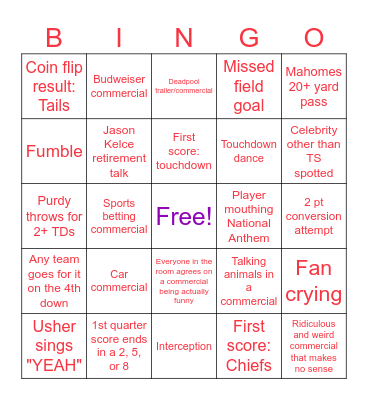 Super Bowl 2024 Bingo Card