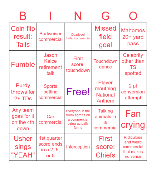 Super Bowl 2024 Bingo Card