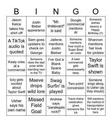 Super Bowl Bingo (taylor's version) Bingo Card