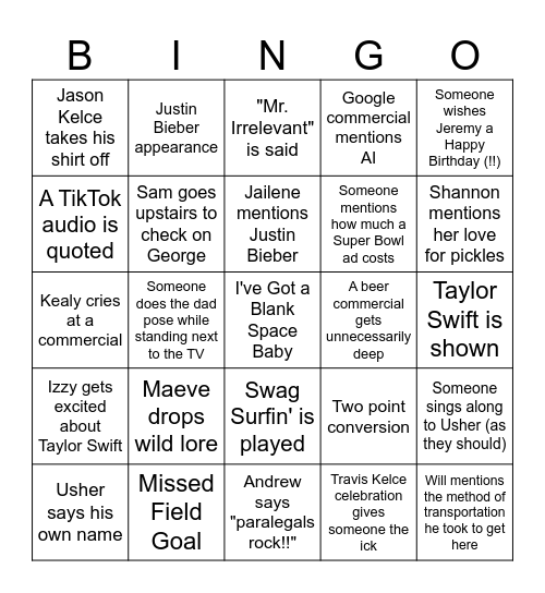 Super Bowl Bingo (taylor's version) Bingo Card