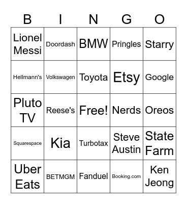 Super Bowl Commercial Bingo 2024 Bingo Card