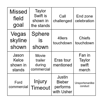 Super Bowl Bingo Card