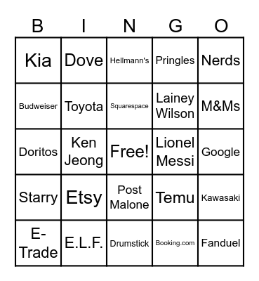 Super Bowl Commercial Bingo 2024 Bingo Card