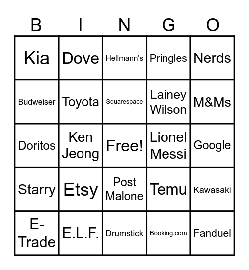 Super Bowl Commercial Bingo 2024 Bingo Card